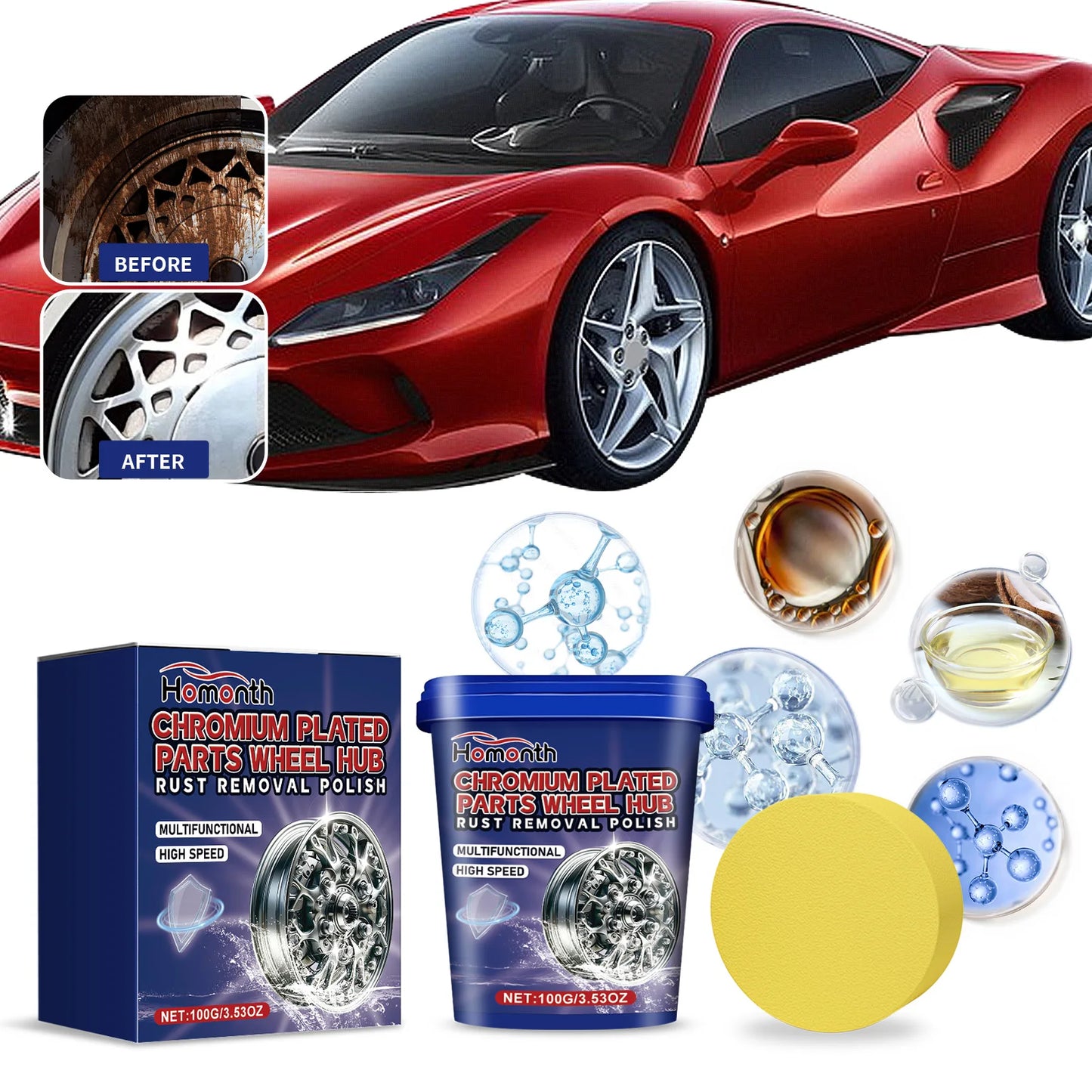 Homonth Chrome Plated Wheel Hub Car Polish for Rust Removal and Metal Decontamination Brightens and Refurbishes Tire Hub