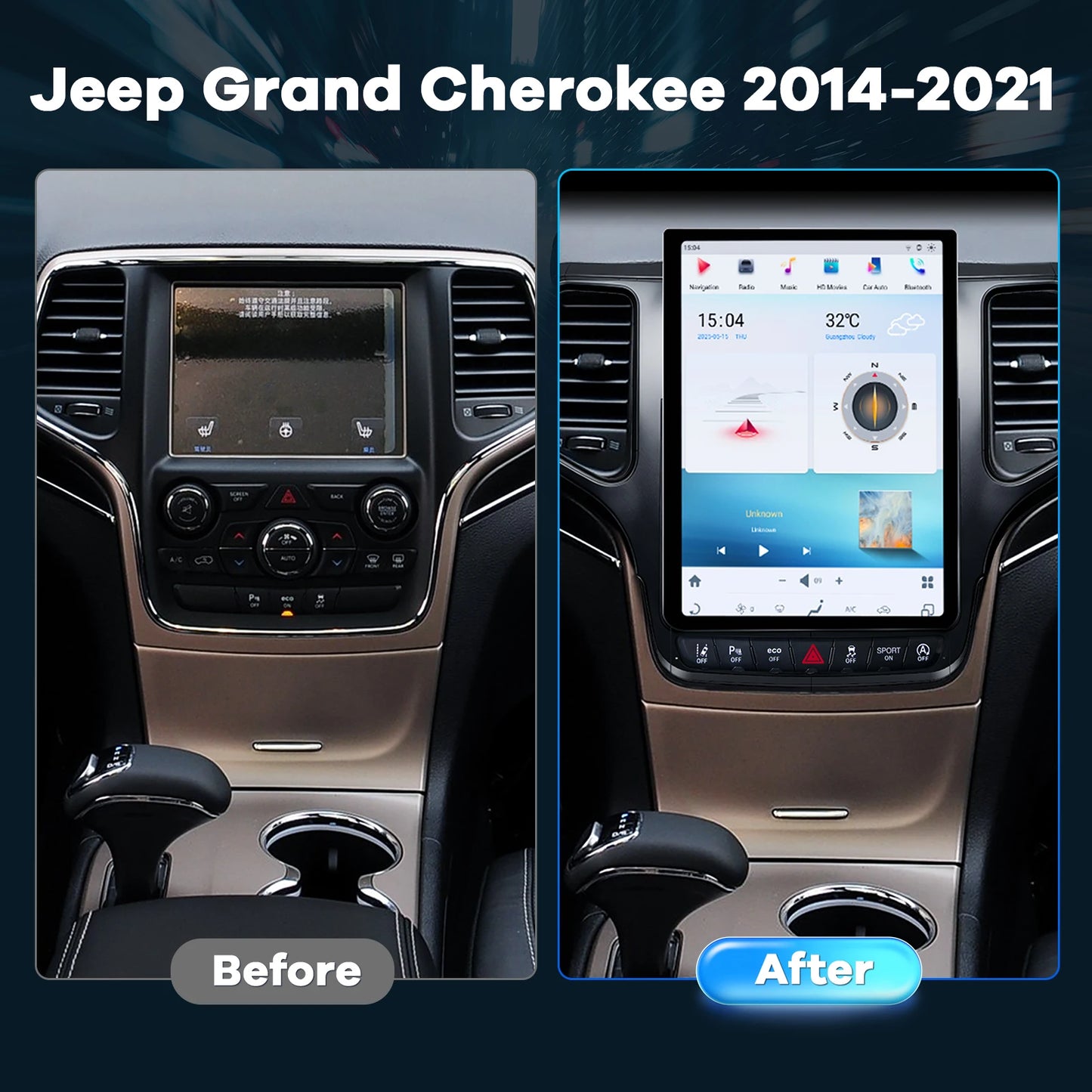 Jeep Grand Cherokee 2014-2021 Tesla Style 12.1" Android 13 Radio – Wireless CarPlay & Android Auto