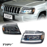 For 99-04 Jeep Grand Cherokee Headlight Assembly Retrofit with LED Projector, Daytime Running Lights, and Dynamic Turn Signals