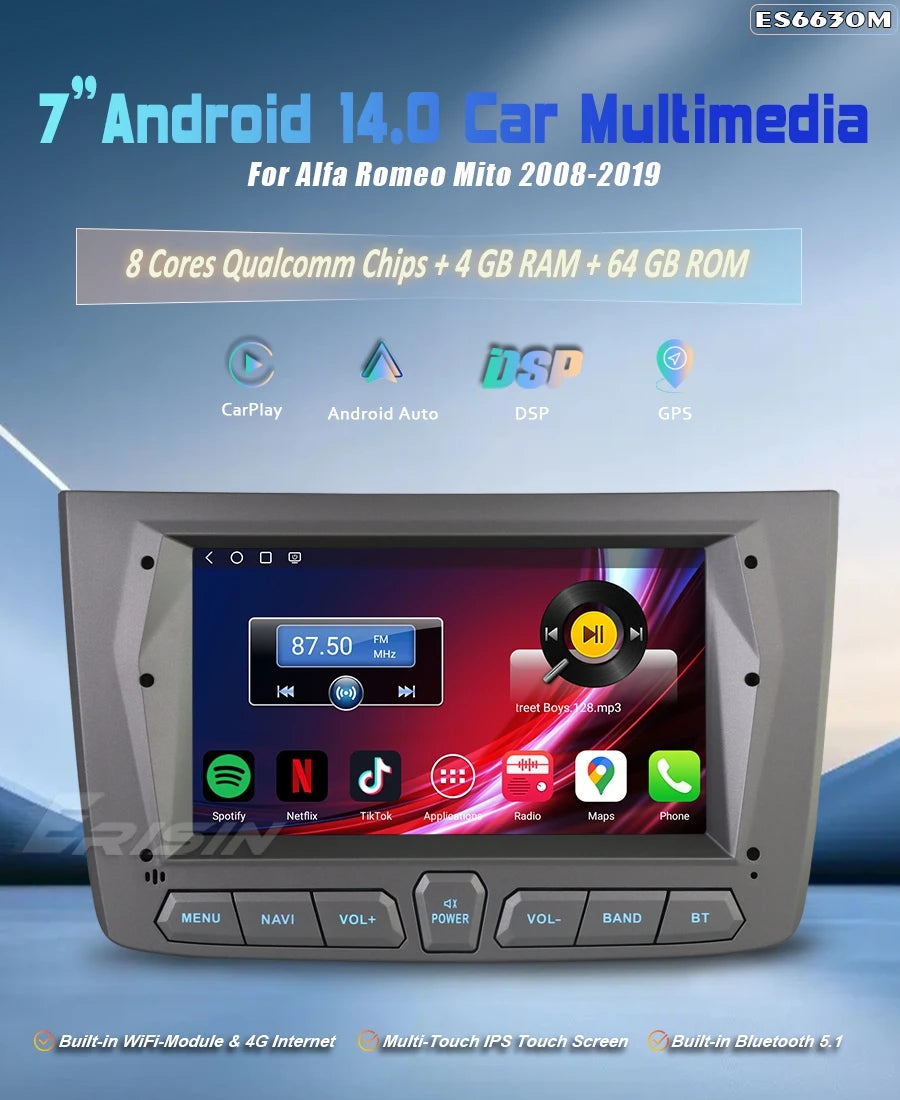 Erisin ES6630M 7" Android 14 Car Stereo for Alfa Romeo MiTo – Wireless CarPlay, Android Auto, GPS &amp; DSP Audio