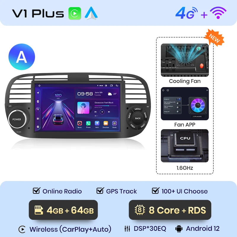 Junsun V1 7-Inch Android Car Stereo for Fiat 500 &amp; Abarth (2007-2015)