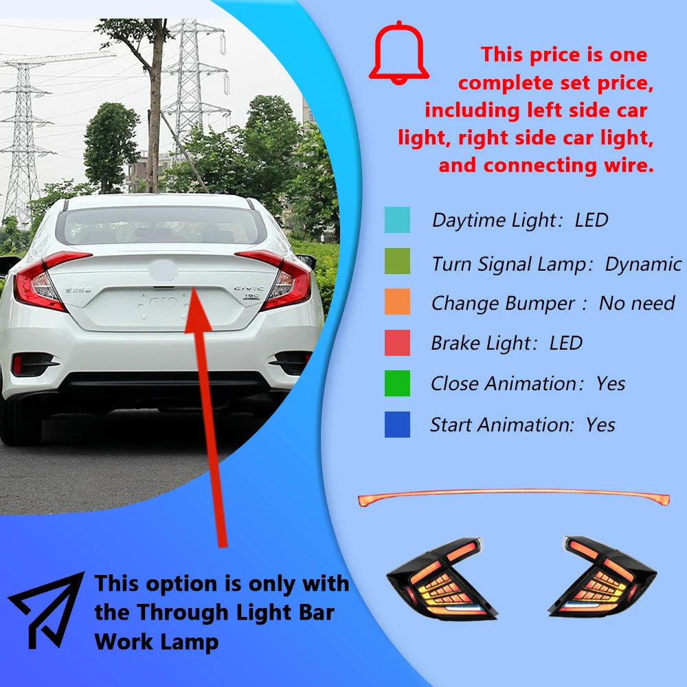 LED Dynamic Tail Lights for Honda Civic X 2016-2021 – Premium Rear Light Upgrade for FC, FK7 &amp; FK8 Models