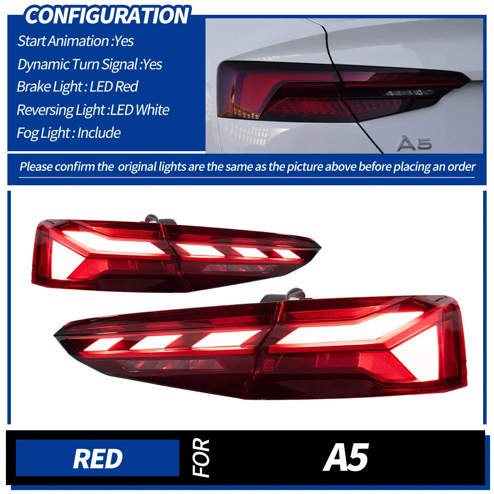 For 2017-2020 Audi A5 RS5 Style Modified Tail Light Assembly, LED Lens, 30W 12V DRL & Sequential Turn Signals