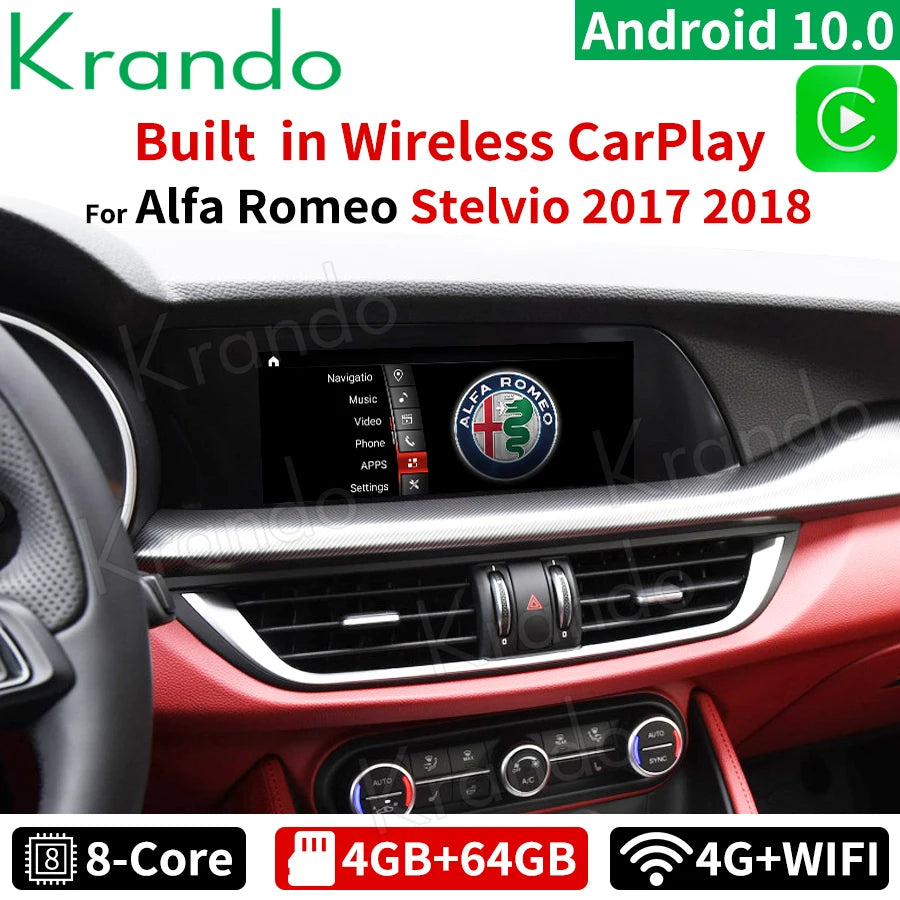 Krando 13.0" Android Navigation System for Alfa Romeo Stelvio (2017–2024) – Wireless CarPlay, Android Auto &amp; GPS Multimedia Display
