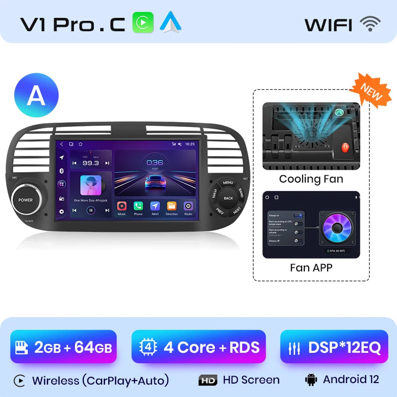 Junsun V1 7-Inch Android Car Stereo for Fiat 500 &amp; Abarth (2007-2015)