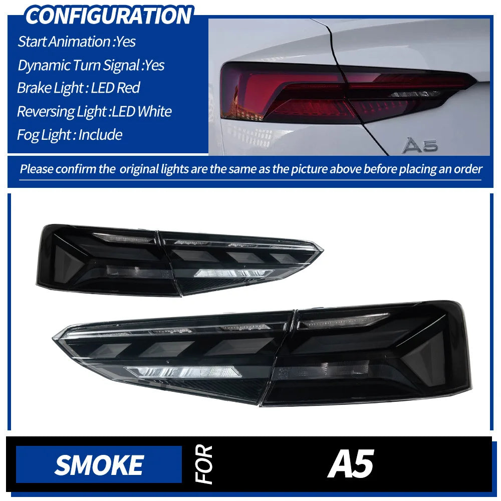 For 2017-2020 Audi A5 RS5 Style Modified Tail Light Assembly, LED Lens, 30W 12V DRL & Sequential Turn Signals
