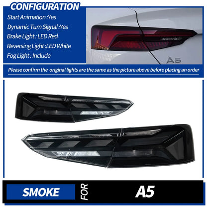 For 2017-2020 Audi A5 RS5 Style Modified Tail Light Assembly, LED Lens, 30W 12V DRL & Sequential Turn Signals