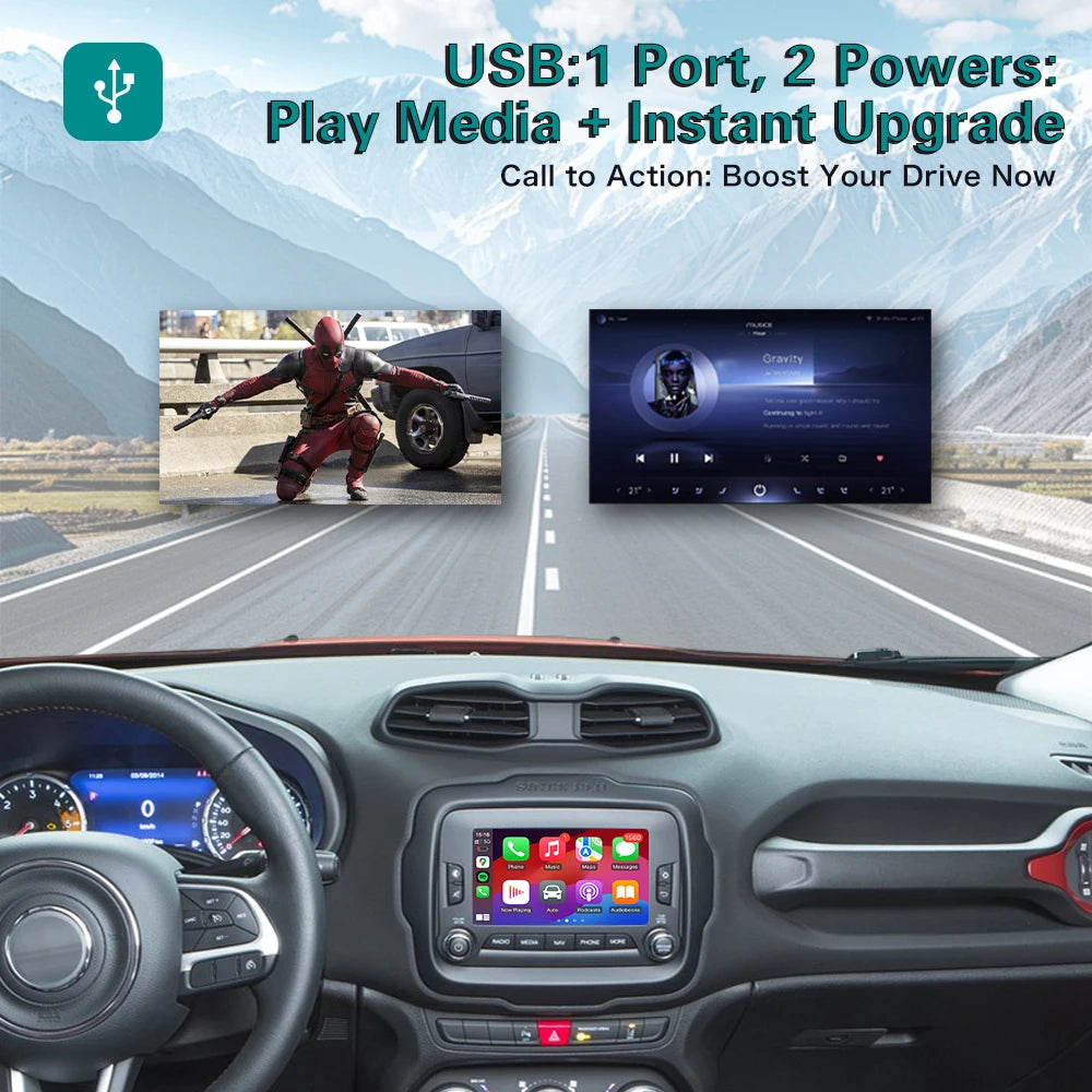 Portable Wireless CarPlay &amp; Android Auto Smart Box for Jeep Renegade 2013-2018 – Plug & Play MMI Interface