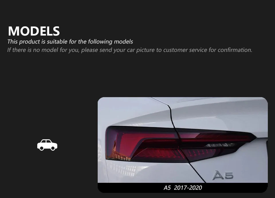 For 2017-2020 Audi A5 RS5 Style Modified Tail Light Assembly, LED Lens, 30W 12V DRL & Sequential Turn Signals