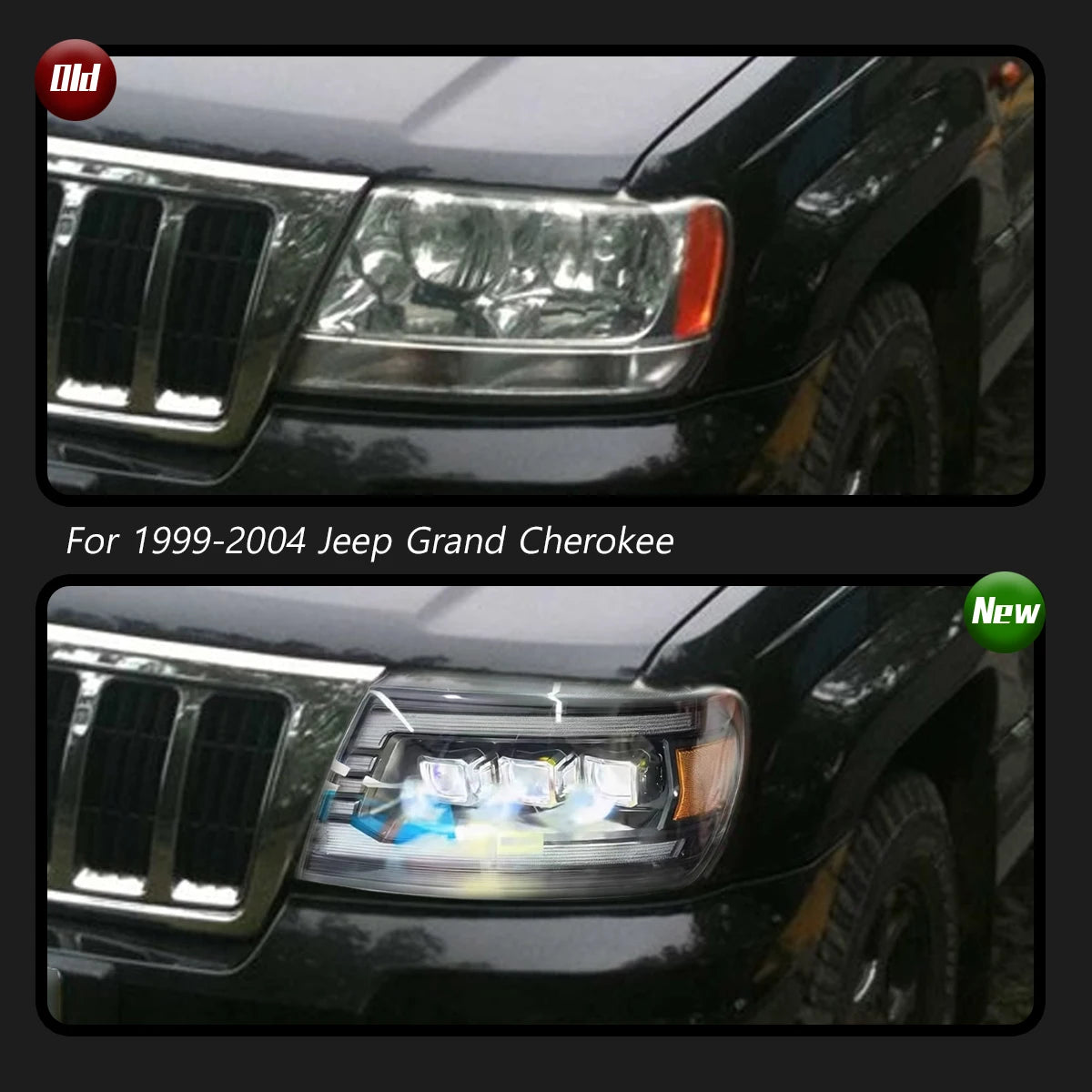 For 99-04 Jeep Grand Cherokee Headlight Assembly Retrofit with LED Projector, Daytime Running Lights, and Dynamic Turn Signals