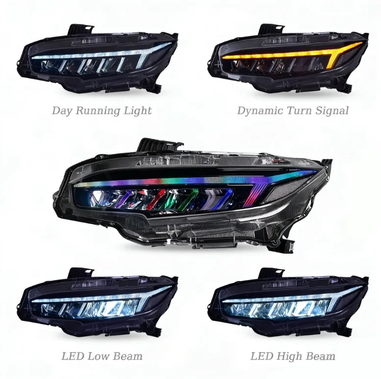 RSJ RGB LED Headlights for Honda Civic 2016-2021 – Dynamic DRL, Start-Up Animation & Sequential Turn Signals