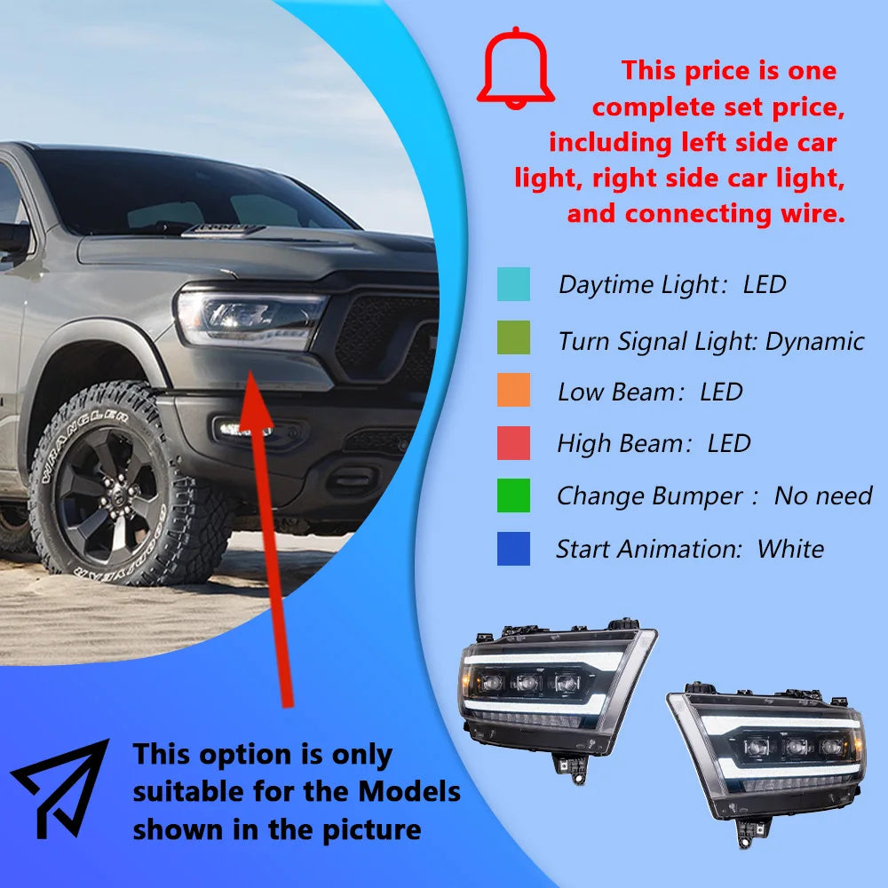 100W LED Bifocal Headlight Assembly for Dodge Ram 1500, 2500, 3500, 4500 & 5500 (2019–2023)