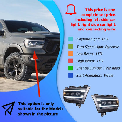 100W LED Bifocal Headlight Assembly for Dodge Ram 1500, 2500, 3500, 4500 & 5500 (2019–2023)