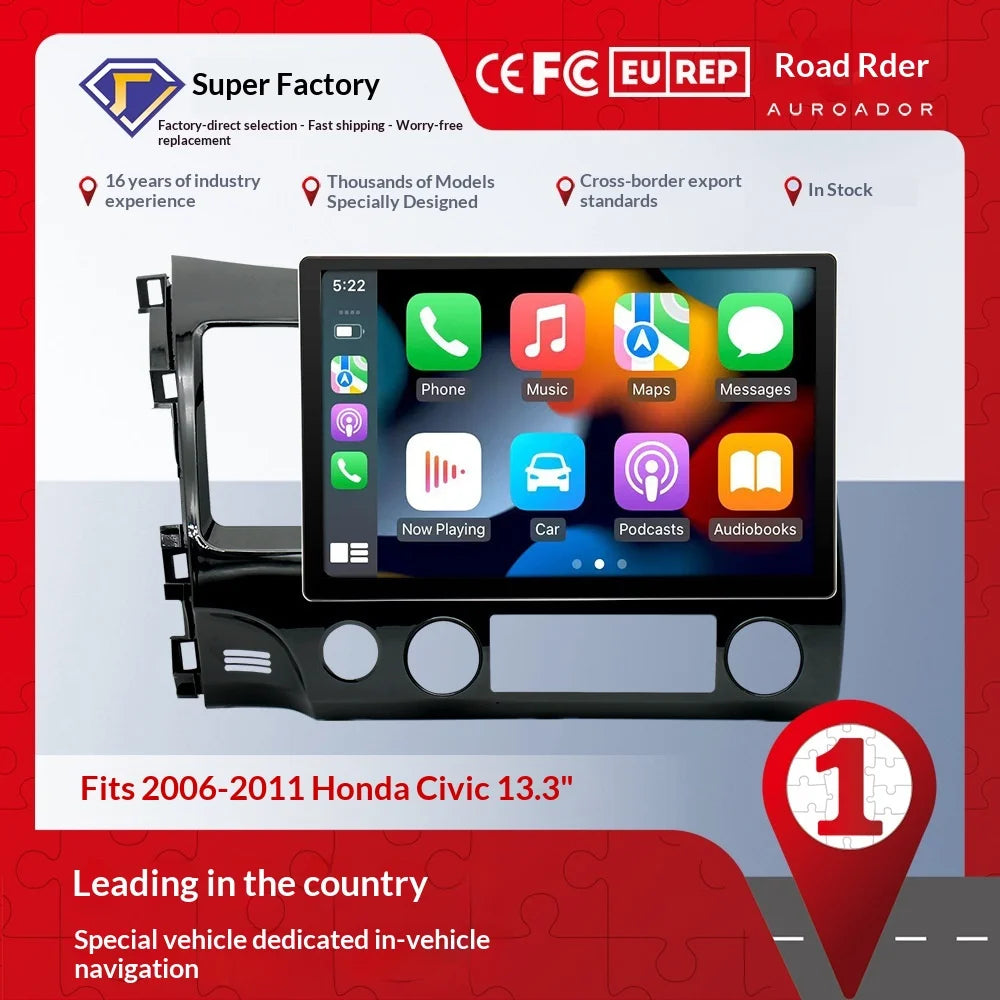 13.3" Android Car Stereo for Honda Civic 2006-2011 – Wireless CarPlay, GPS Navigation & Full HD Display