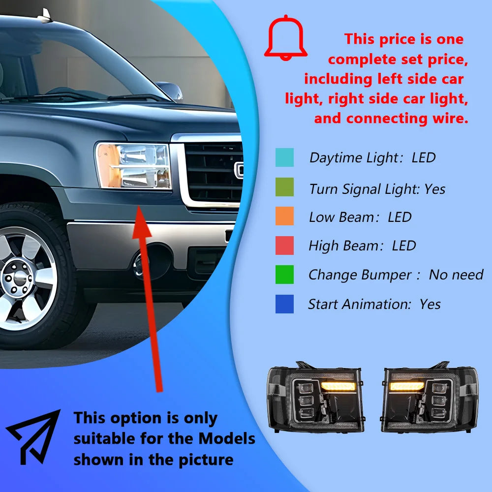 LED Projector Headlights for GMC Sierra 2007-2013 – Plug & Play Upgrade with Start-Up Animation