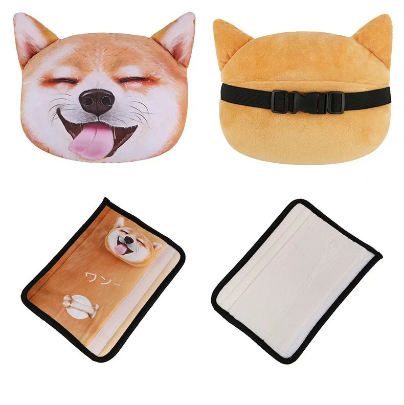 Dog Cat Car Neck Pillow Seat Belt Shoulder Pad Car Neck Pillow Travel 3D Animal Neck Cushion Universal Car Accessory Cartoon