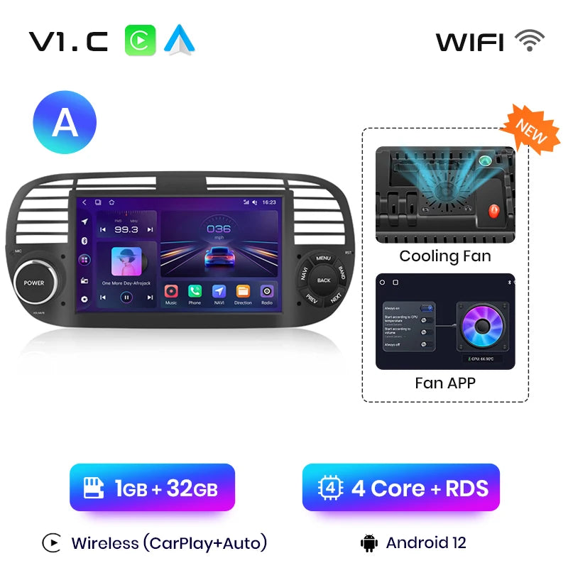Junsun V1 7-Inch Android Car Stereo for Fiat 500 &amp; Abarth (2007-2015)