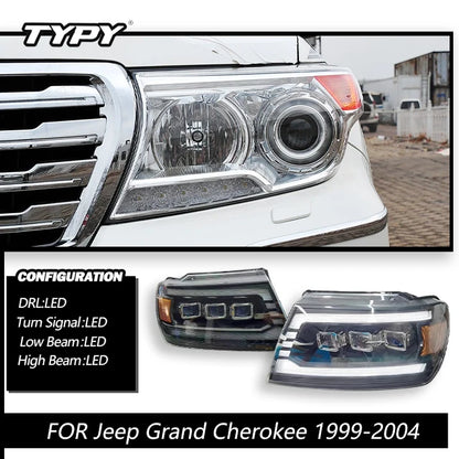 For 99-04 Jeep Grand Cherokee Headlight Assembly Retrofit with LED Projector, Daytime Running Lights, and Dynamic Turn Signals