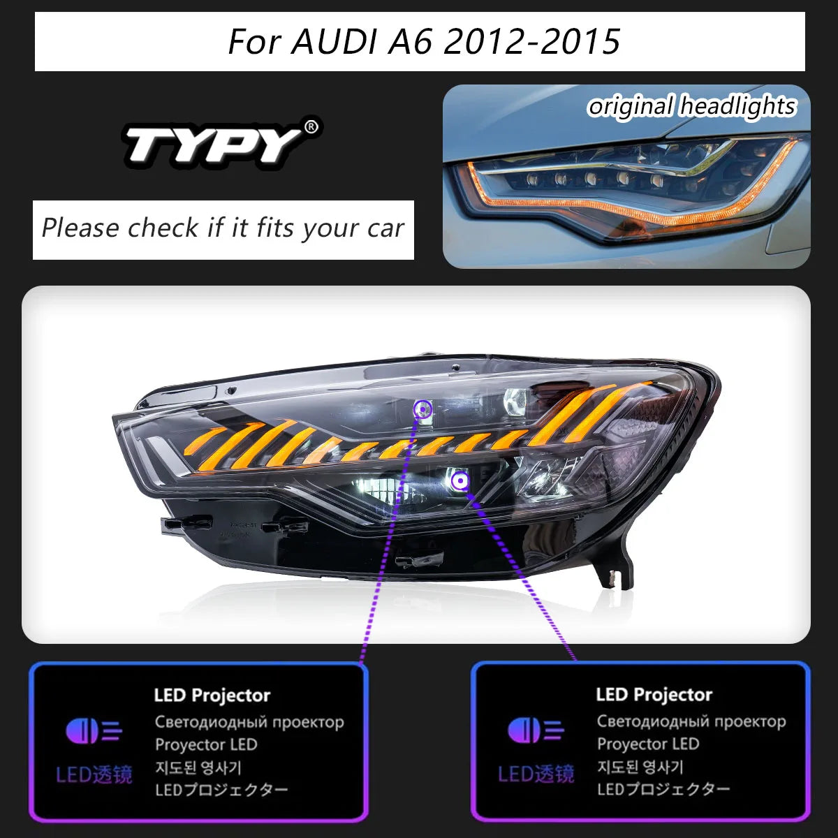 LED Headlight Assembly for Audi A6 (2012–2015) – Premium Upgrade Replacement Headlamp