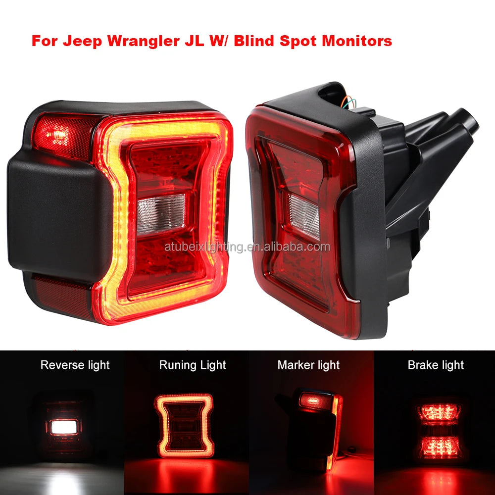 USA 12V Red LED Tail Lights Brake Lamp with Blind Spot Plug New Condition for Jeep Wrangler JL 2018-2024