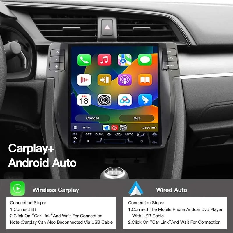 10.4" Android 14 Tesla Style Car Stereo for Honda Civic 2016-2020 – Wireless CarPlay, Android Auto & GPS Navigation