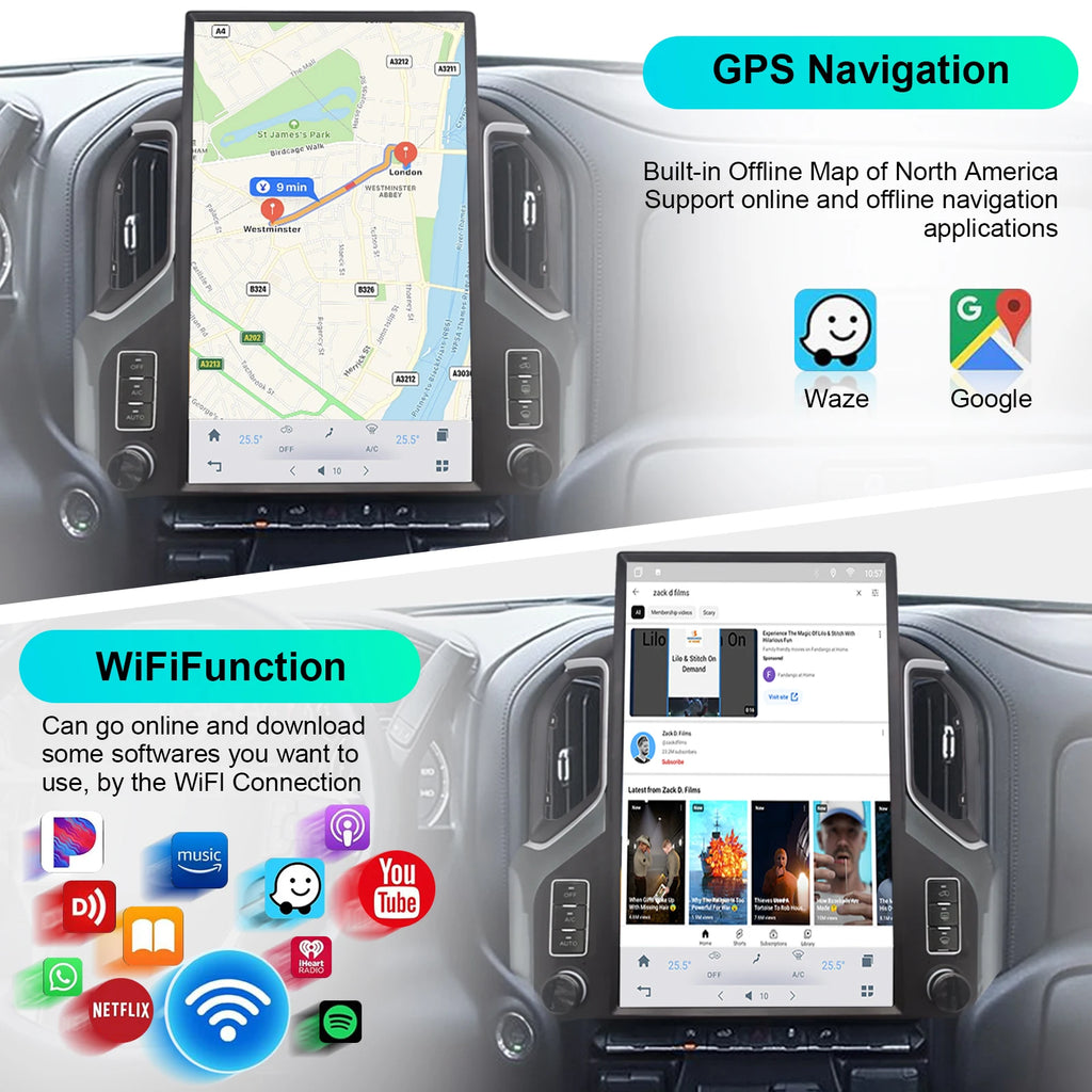 17.3" Tesla Style Android Car Stereo for Chevrolet Silverado & GMC Sierra 2019+ – Wireless CarPlay &amp; Android Auto
