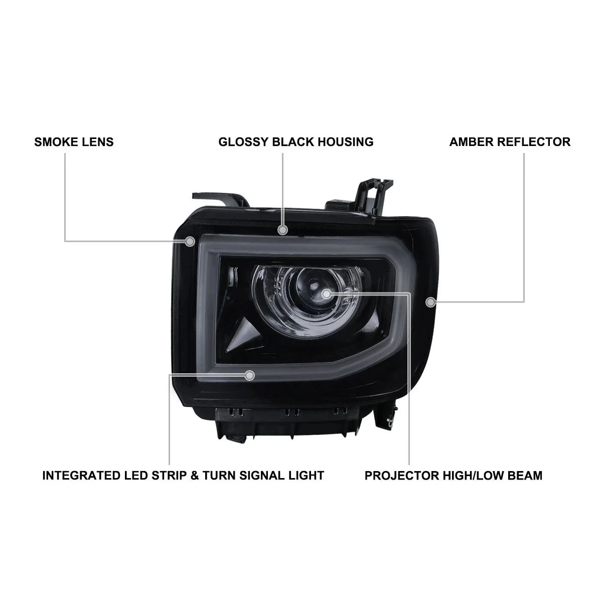 Smoke LED Projector Headlights for GMC Sierra 1500 (2014-2015) & Sierra 2500HD (2015-2019)